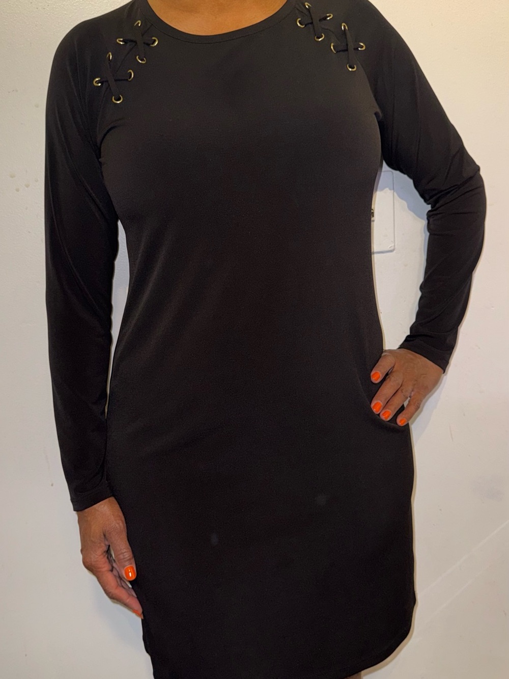 Michael Kors Black Long Sleeve Lace-Up Eyelet Dress